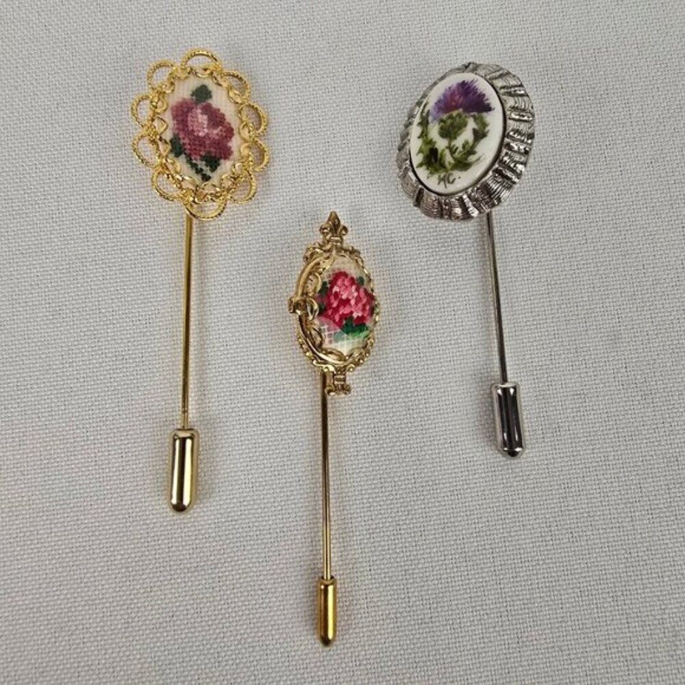 Vintage Embroidered Floral Stick Pins 3pc